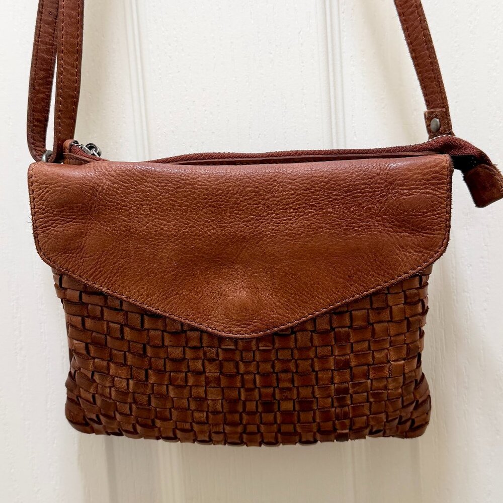 Vilenca Holland Hand Woven Flap Soft Leather Crossbody Bag Cognac Brown Boho - Picture 3 of 12